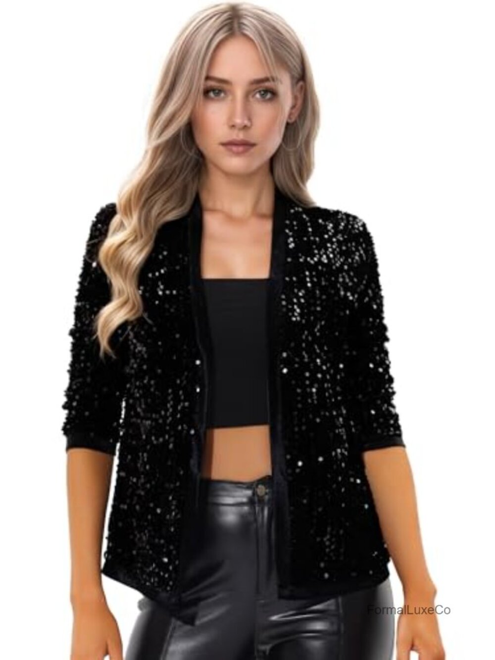 Sequin Velvet Blazer 3/4 Sleeve Dressy Evening Cardigan